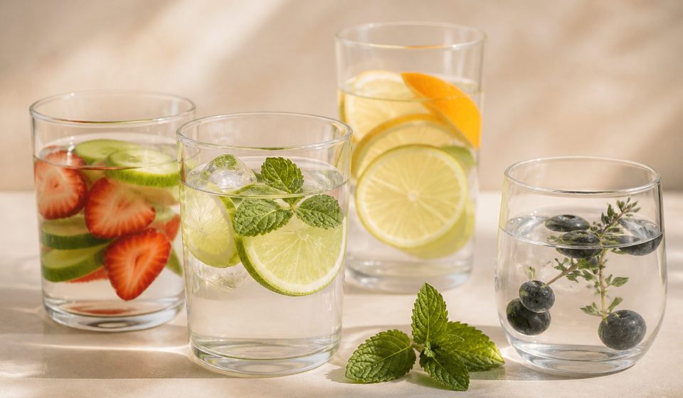 Glasses of water with fresh fruit slices - illustration for Smart Chronic Care: Personalized, Preventive Health Benefits