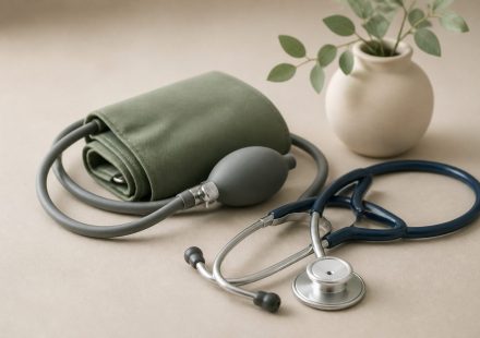 Blood pressure monitor and stethoscope on table - illustration for Benefits of Routine Health Screenings
