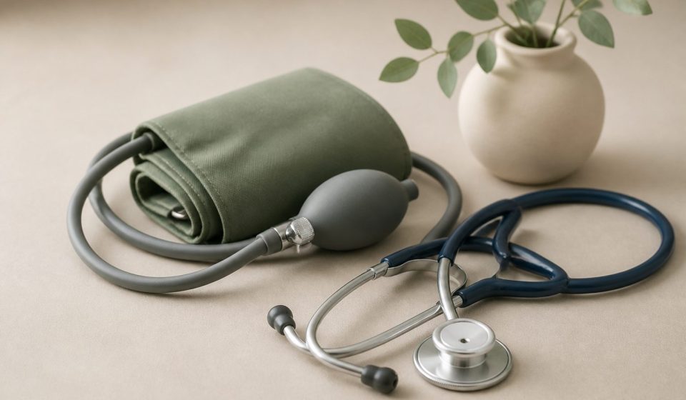 Blood pressure monitor and stethoscope on table - illustration for Benefits of Routine Health Screenings