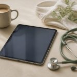 Tablet on table with stethoscope and coffee mug - illustration for Benefits of Video Consultations With Your Doctor