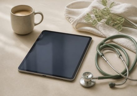 Tablet on table with stethoscope and coffee mug - illustration for Benefits of Video Consultations With Your Doctor
