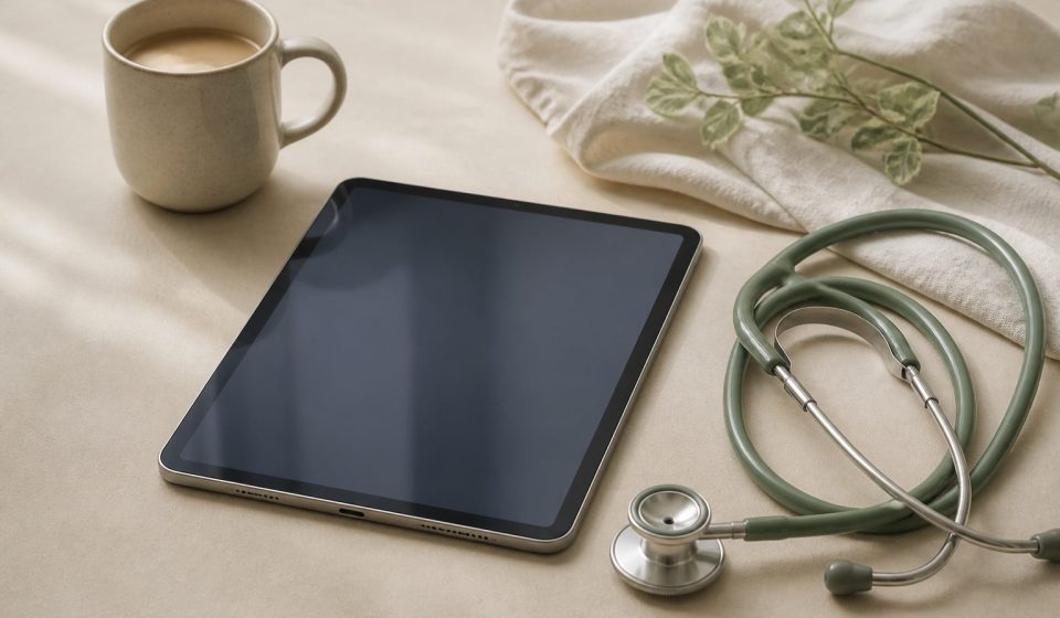 Tablet on table with stethoscope and coffee mug - illustration for Benefits of Video Consultations With Your Doctor
