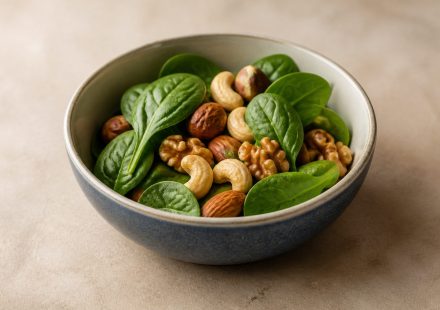 A bowl of mixed nuts and fresh spinach - illustration for Best Foods for Healthy Hair Growth and Strong Hair