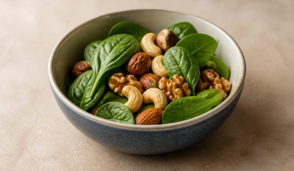 A bowl of mixed nuts and fresh spinach - illustration for Best Foods for Healthy Hair Growth and Strong Hair