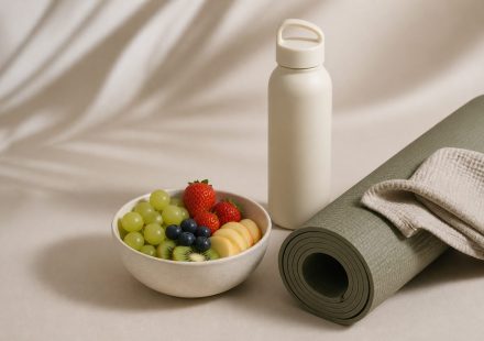 Water bottle yoga mat and fresh fruit bowl - illustration for Building healthy habits for lasting physical and mental wellness