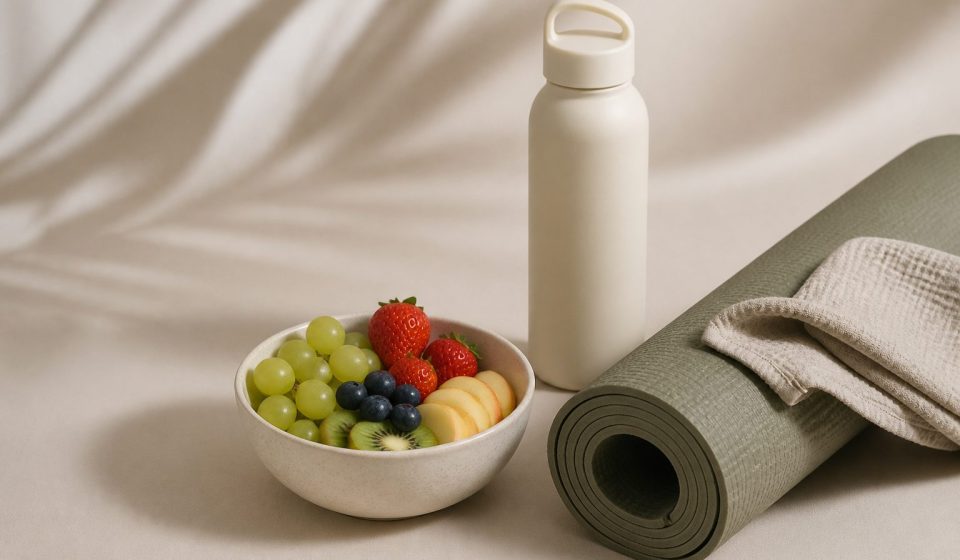 Water bottle yoga mat and fresh fruit bowl - illustration for Building healthy habits for lasting physical and mental wellness
