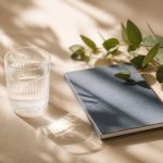 Morning sunlight, water glass, and journal on table - illustration for Building Healthy Habits for Long-Term Wellness