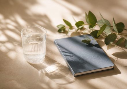 Morning sunlight, water glass, and journal on table - illustration for Building Healthy Habits for Long-Term Wellness