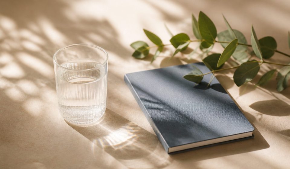 Morning sunlight, water glass, and journal on table - illustration for Building Healthy Habits for Long-Term Wellness