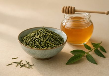 Bowl of fresh green tea leaves and honey jar - illustration for Common Causes of Acne and Effective Treatment Options