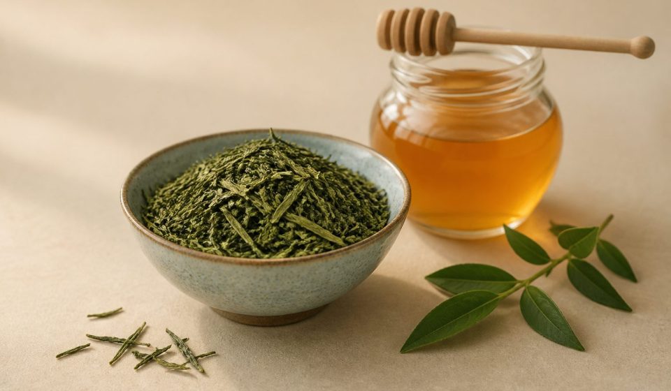 Bowl of fresh green tea leaves and honey jar - illustration for Common Causes of Acne and Effective Treatment Options
