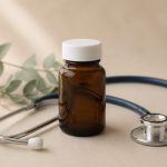 Medicine bottle and stethoscope on table - illustration for Health myths that might delay proper medical care