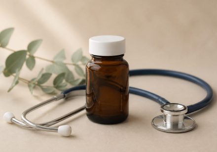 Medicine bottle and stethoscope on table - illustration for Health myths that might delay proper medical care