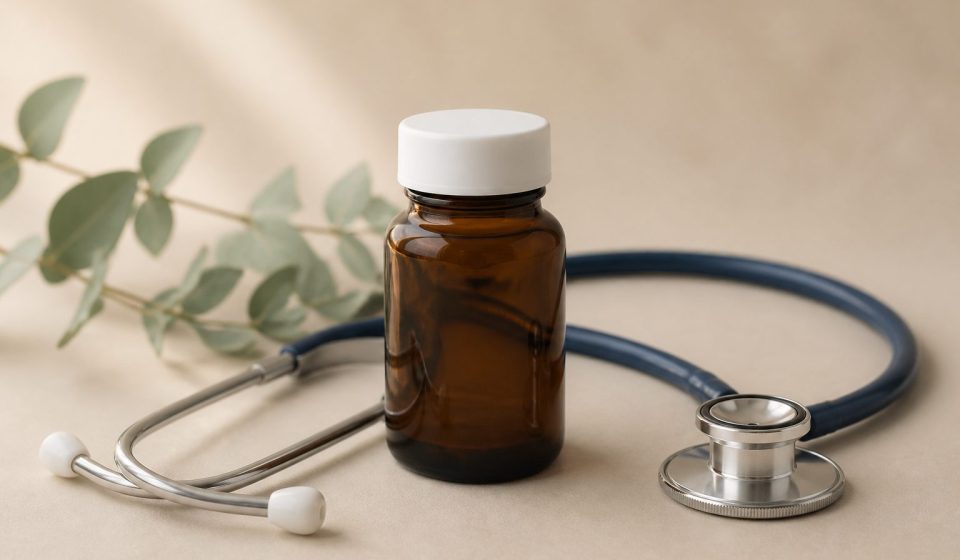 Medicine bottle and stethoscope on table - illustration for Health myths that might delay proper medical care