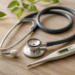 Stethoscope and thermometer on wooden table - illustration for Common Health Problems Treated at Medical Clinics