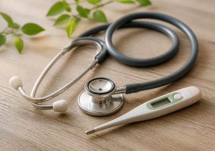Stethoscope and thermometer on wooden table - illustration for Common Health Problems Treated at Medical Clinics