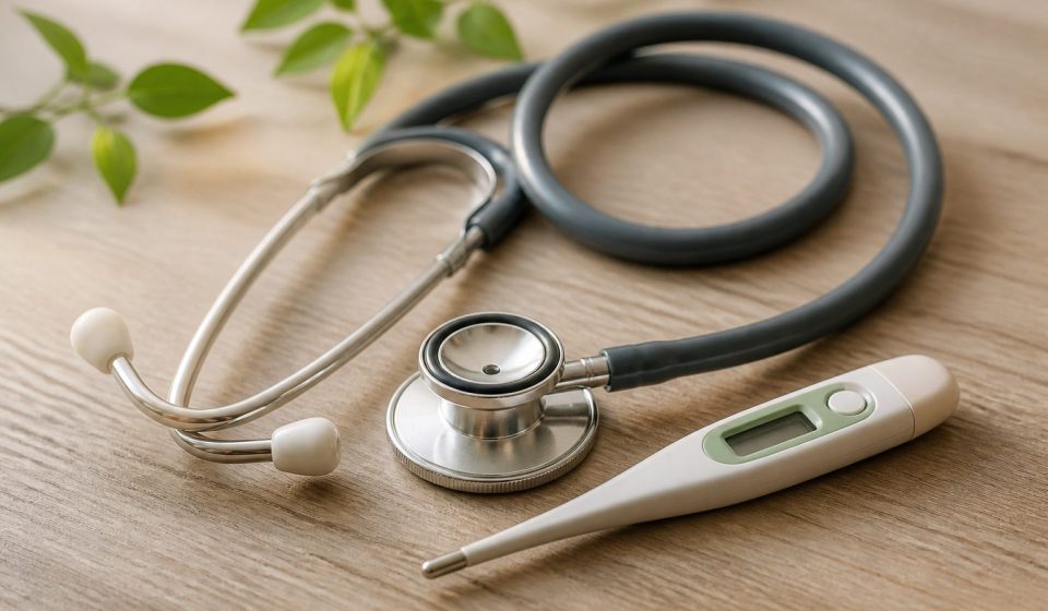 Stethoscope and thermometer on wooden table - illustration for Common Health Problems Treated at Medical Clinics