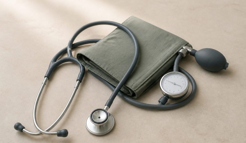 Stethoscope and blood pressure cuff on table - illustration for Health screenings everyone should know for early disease detection
