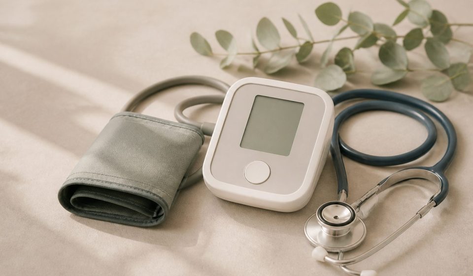 Blood pressure monitor and stethoscope on table - illustration for Common Medical Tests Explained