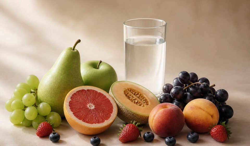 Assorted fresh fruits and a glass of water - illustration for Common Vitamin Deficiencies and Their Symptoms: Warning Signs Your Body Should Never Ignore