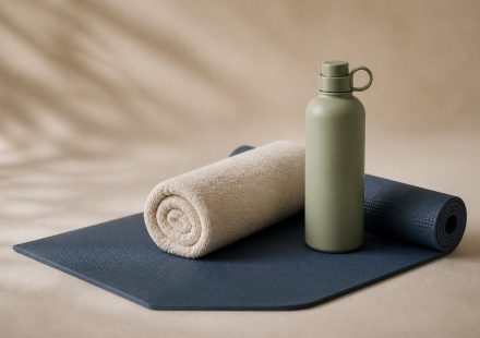 Yoga mat with rolled towel and water bottle - illustration for Daily Stretching Benefits for Your Body