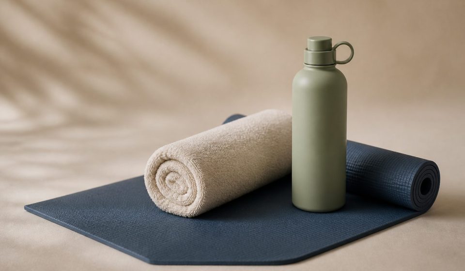 Yoga mat with rolled towel and water bottle - illustration for Daily Stretching Benefits for Your Body