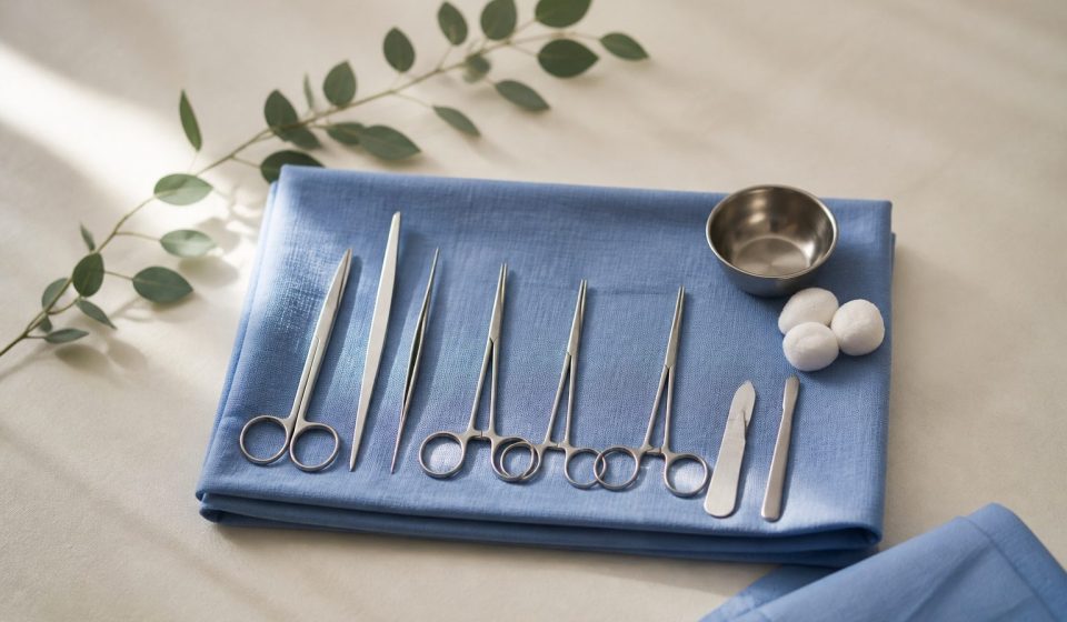Surgical tools on sterile blue cloth - illustration for Discover different procedures, benefits, risks, recovery expectations