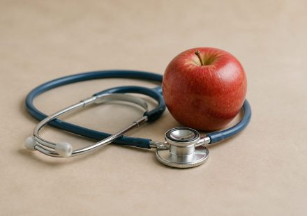Stethoscope resting next to red apple - illustration for Discover the most important heart health tests men should undergo after age 40