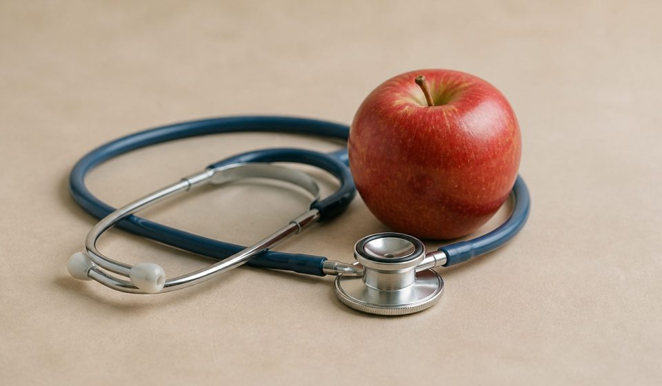 Stethoscope resting next to red apple - illustration for Discover the most important heart health tests men should undergo after age 40