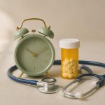 Alarm clock pill bottle stethoscope on table - illustration for 15 symptoms that mean you should see a doctor now