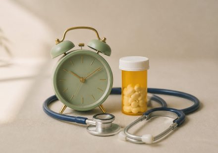 Alarm clock pill bottle stethoscope on table - illustration for 15 symptoms that mean you should see a doctor now