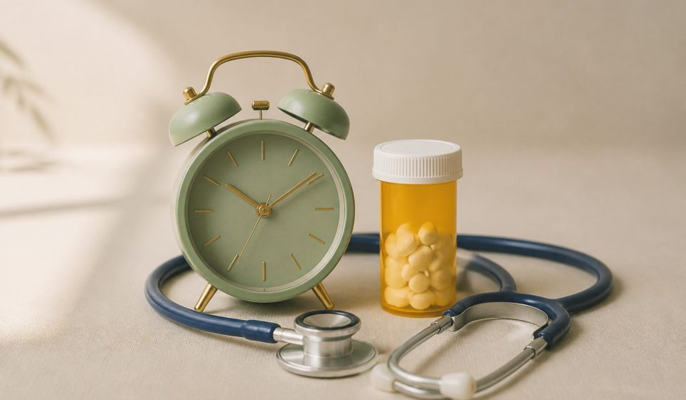 Alarm clock pill bottle stethoscope on table - illustration for 15 symptoms that mean you should see a doctor now