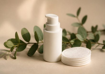 Moisturizer bottle and cotton pads on table - illustration for Dry Skin: Daily Care Tips for Healthy Skin