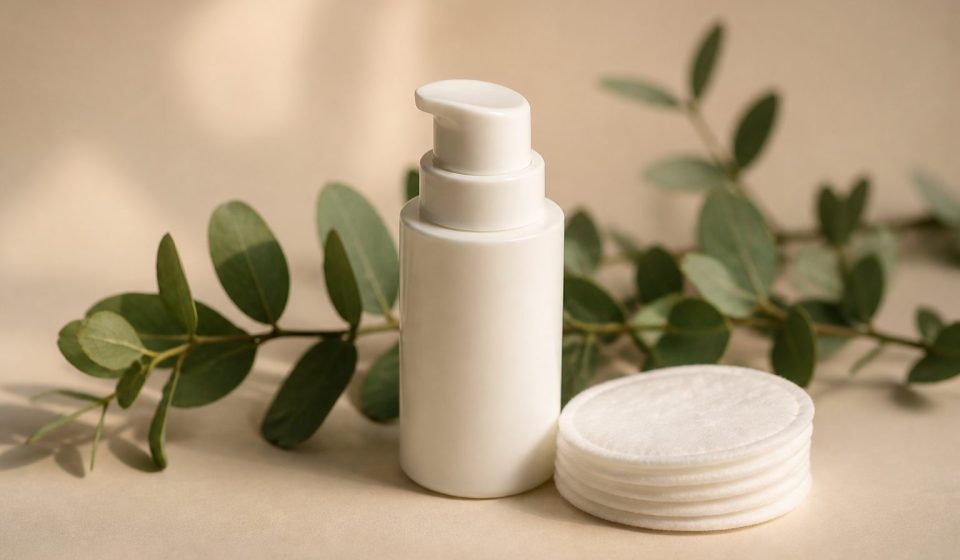 Moisturizer bottle and cotton pads on table - illustration for Dry Skin: Daily Care Tips for Healthy Skin