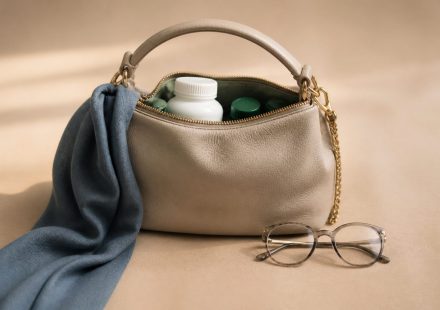 Woman's purse with eyeglasses and vitamins - illustration for Essential Women’s Health Screenings by Age