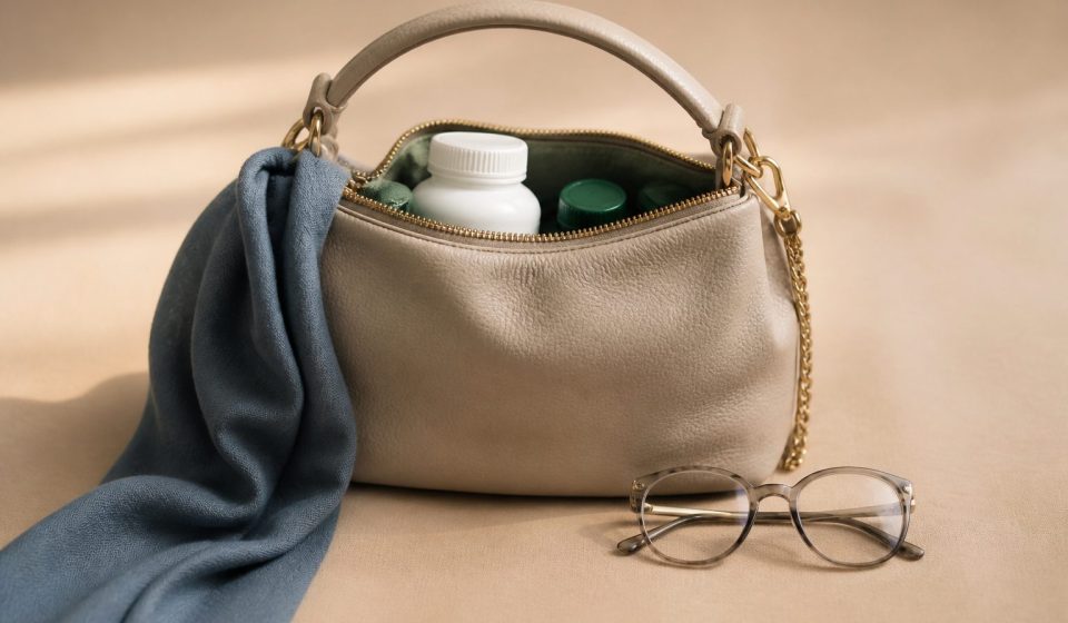 Woman's purse with eyeglasses and vitamins - illustration for Essential Women’s Health Screenings by Age