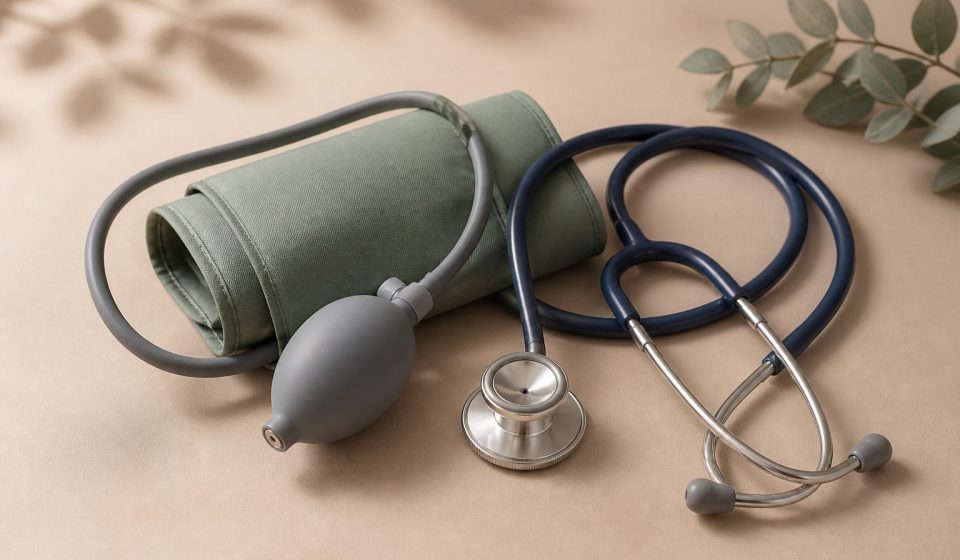 Stethoscope and blood pressure cuff on table - illustration for Everything You Need to Know About Health Screenings