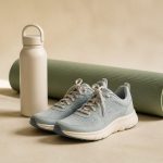 Sneakers water bottle and yoga mat on floor - illustration for Exercise Tips for Office Workers