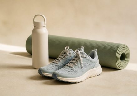 Sneakers water bottle and yoga mat on floor - illustration for Exercise Tips for Office Workers