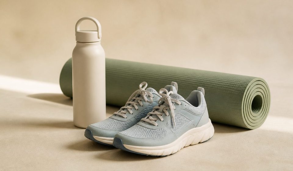 Sneakers water bottle and yoga mat on floor - illustration for Exercise Tips for Office Workers