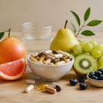 Vitamins and fresh fruit on wooden table - illustration for family health planning tips for every stage of life