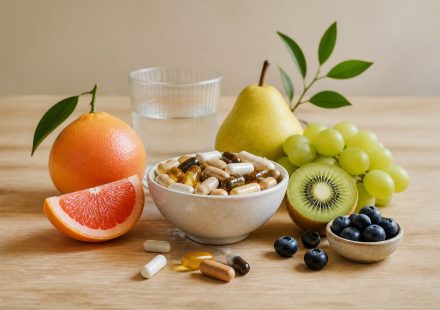 Vitamins and fresh fruit on wooden table - illustration for family health planning tips for every stage of life