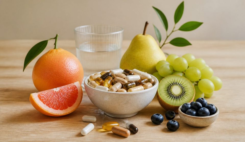 Vitamins and fresh fruit on wooden table - illustration for family health planning tips for every stage of life