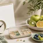 Calendar clock pill organizer and fresh fruit - illustration for family health planning tips for every stage of life