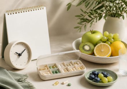 Calendar clock pill organizer and fresh fruit - illustration for family health planning tips for every stage of life