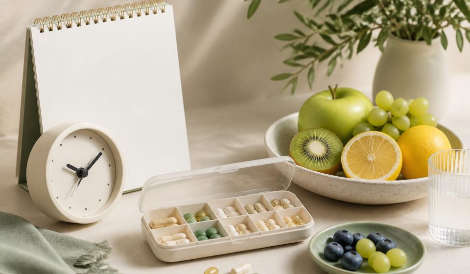 Calendar clock pill organizer and fresh fruit - illustration for family health planning tips for every stage of life