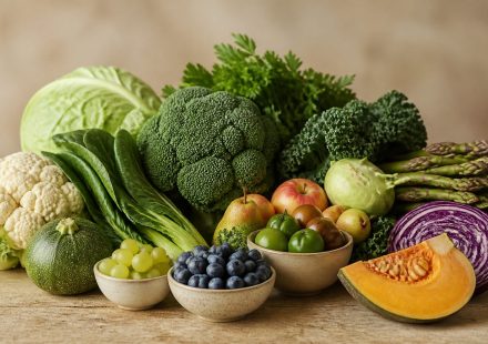 Fresh fruits and vegetables on wooden table - illustration for Fatty Liver Disease: Causes and Prevention