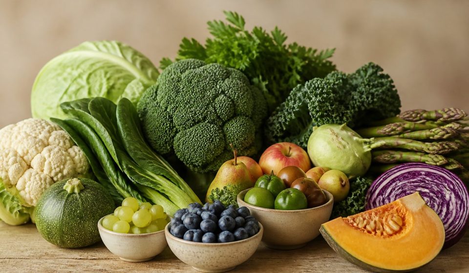 Fresh fruits and vegetables on wooden table - illustration for Fatty Liver Disease: Causes and Prevention