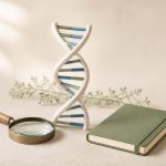 DNA helix model with magnifying glass and notebook - illustration for Genetic Counseling Clinics: Understanding Your DNA and Health Risks