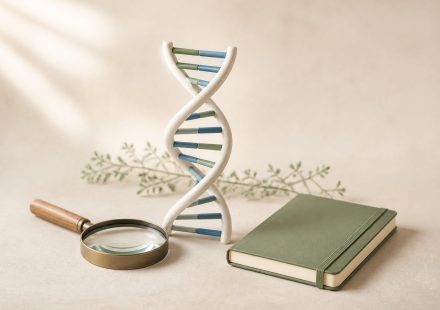 DNA helix model with magnifying glass and notebook - illustration for Genetic Counseling Clinics: Understanding Your DNA and Health Risks